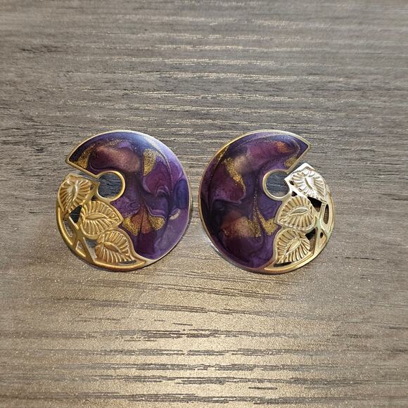 Vintage Edgar Berebi Purple Round Stud Earrings with Gold Leaf Design 1980s - Picture 6 of 6